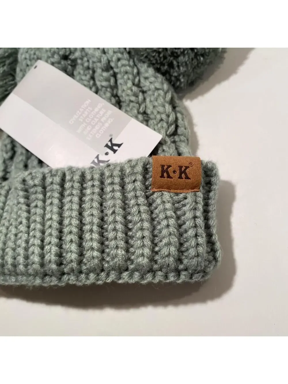 Kids Winter Hat Grey w Pom Pom Ears Cute Thick Warm Knitted Winter Beanie NEW